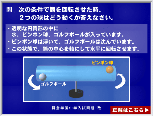 水平に置かれた密閉されたパイプ中のゴルフボールとピンポン球の図：平成教育委員会の出題画面